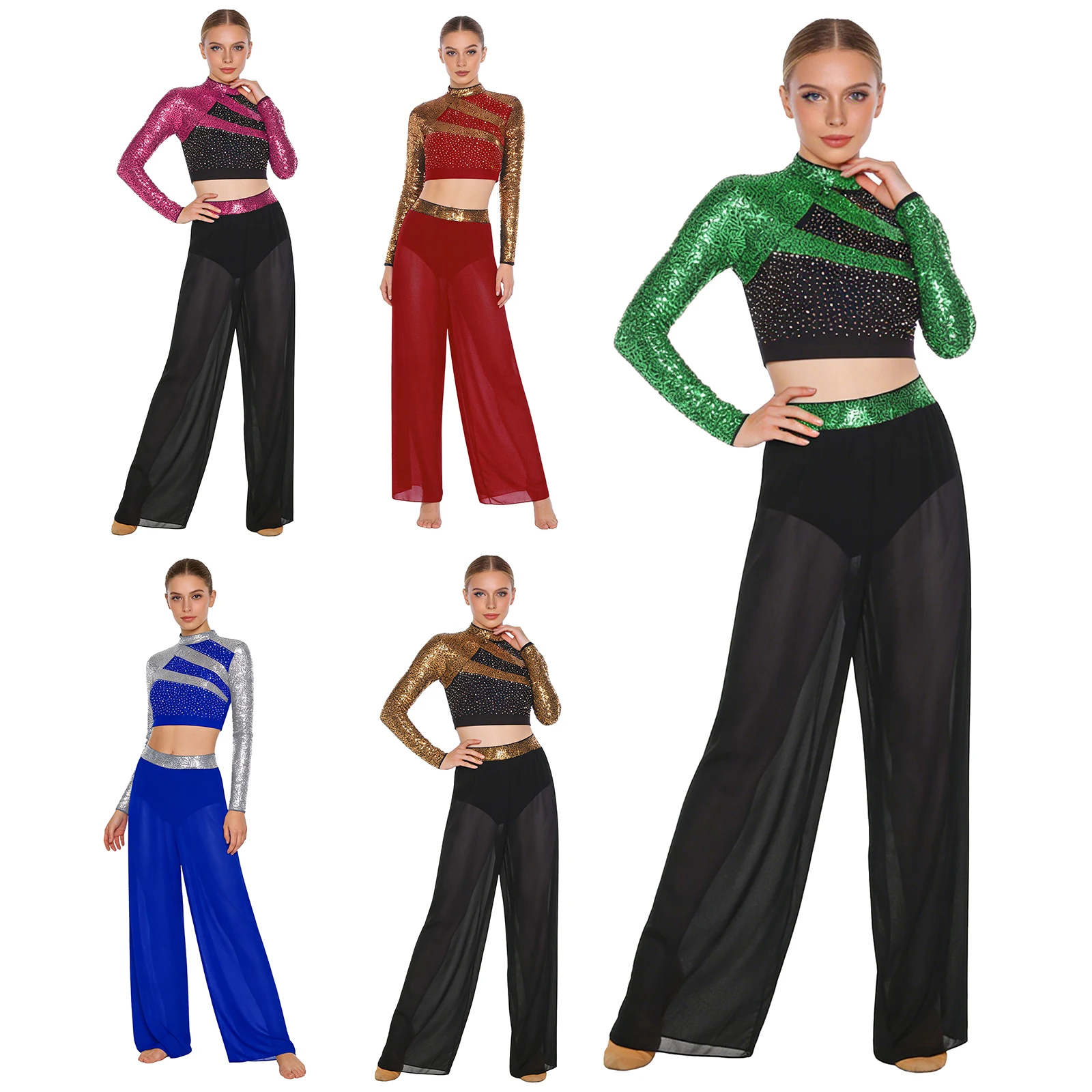Abiti da ballo da sala jazz in due pezzi da donna Collo a lupetto Manica lunga Ritaglio sul retro Paillettes Strass Crop Top con pantaloni con spacco laterale