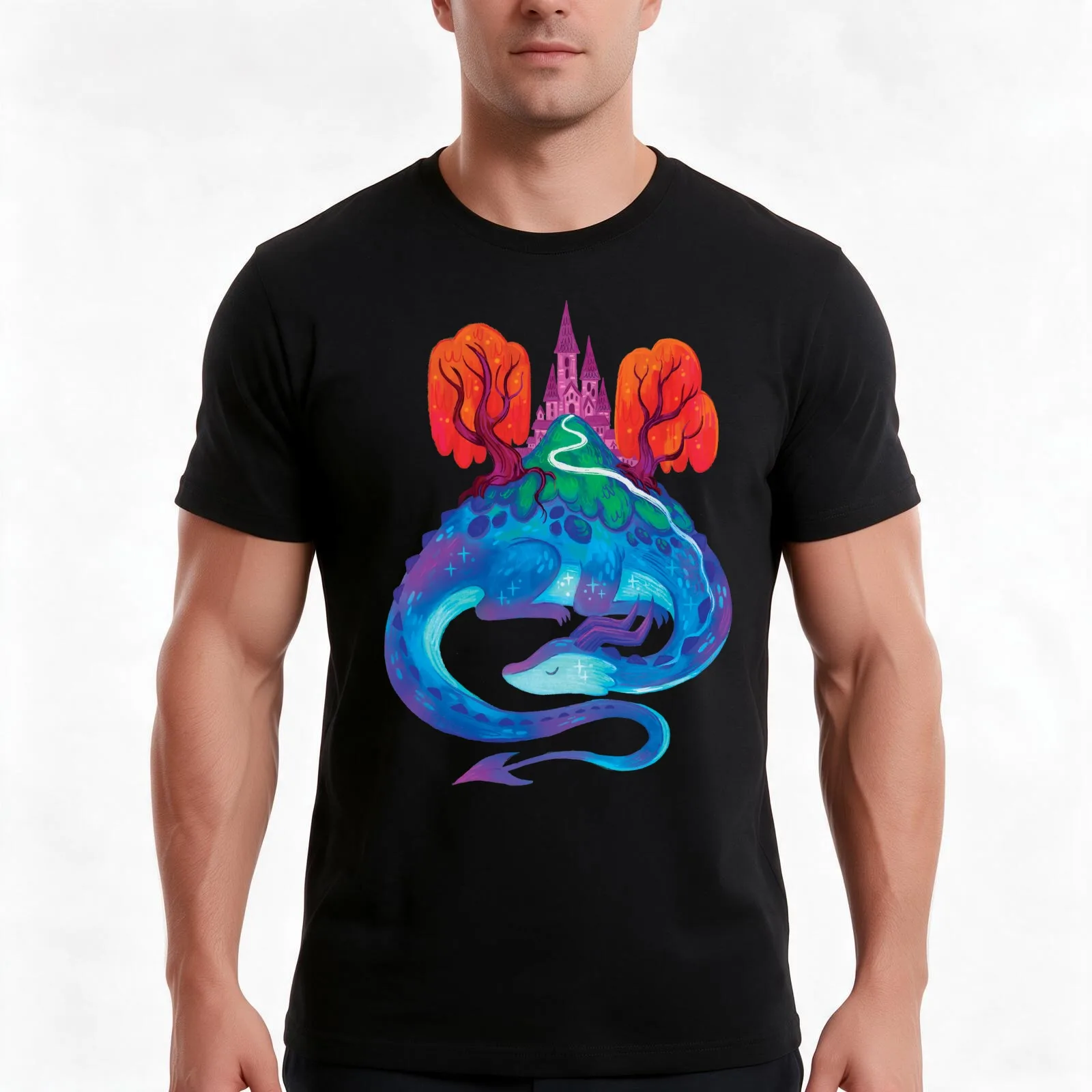 Sleepy Magical Dragon Mountain T-Shirt, Summer Casual Cotton Tee, Oversized Streetwear Tops, Vintage Graphic Print, 100% Cotton