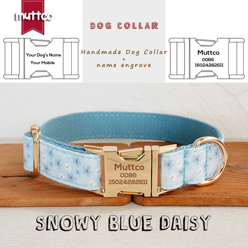 MUTTCO engraved metal buckle collar SNOWY BLUE DAISY personalized dog ID tag collar 5 sizes nameplate anti-lost supply UDC181