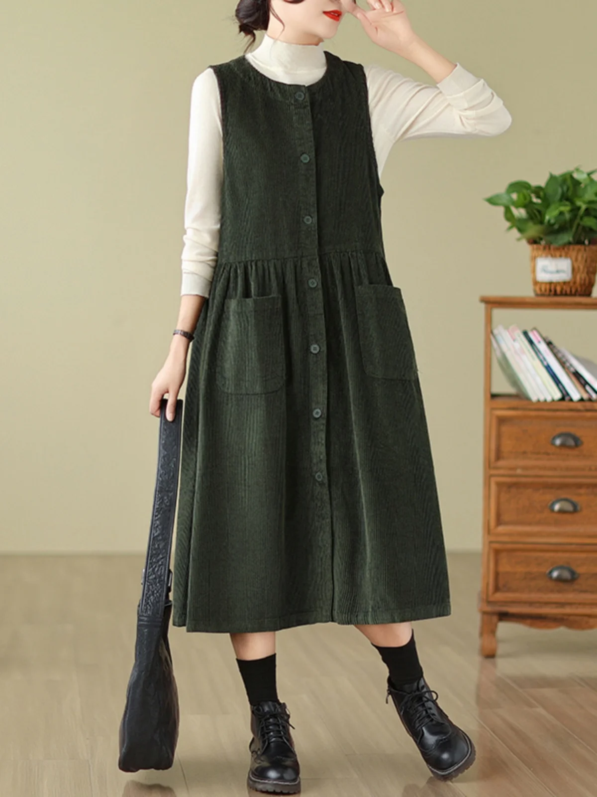 

Retro Large Size Women's Vest Long Dr Corduroy Strap Dr Faionable Commute Sle Single Button Closure Long Coat