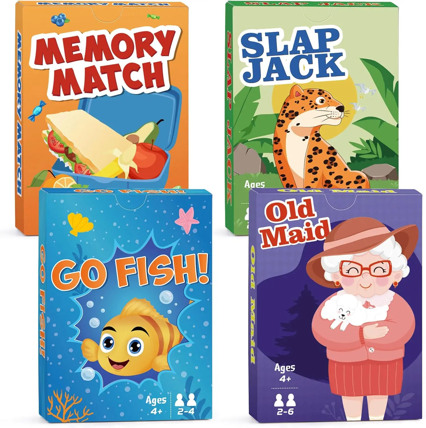 

Classic Card Games Pack: Go Fish, Old Maid, Slap Jack & Memory Match - 4 Decks in 1 for Family Fun