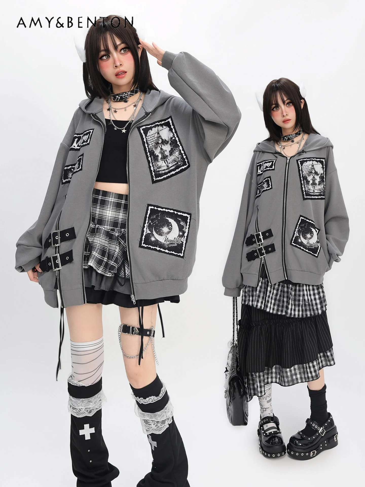 Japanese Subculture Gothic Anime Print Heavy Industry Patchwork Zip Up Hoodie Sweet Cool Hot Girl Oversized Casual Hoodies Women