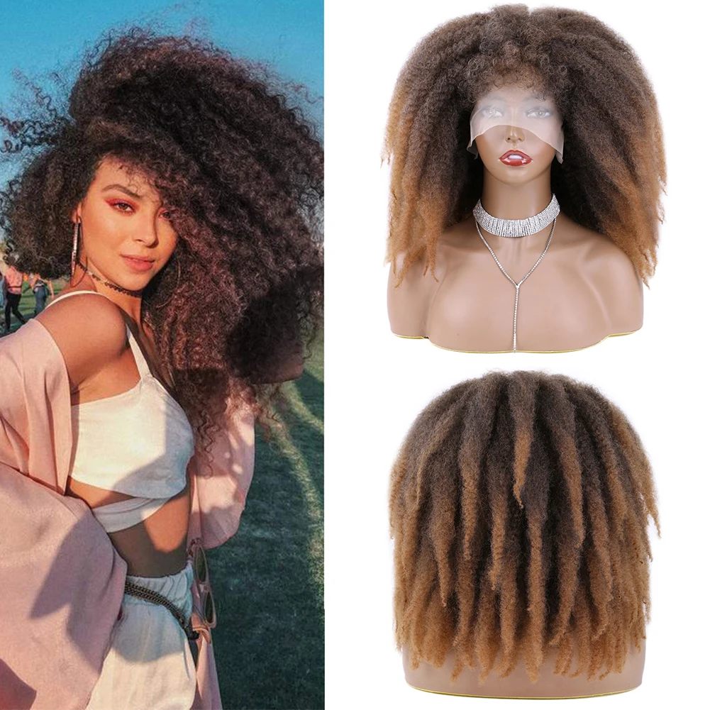 

Belle Show Afro Kinky Curly Synthetic Wigs Lace Front Black Wigs Marley Braids Hair Shoulder Length For Women Brown Fluffy Wig