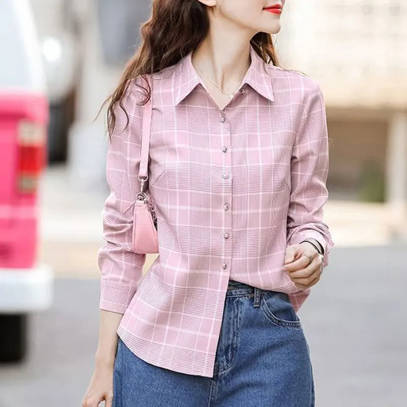 Women\'s New Style Fashion Simplicity Plaid Polo Collar Long Sleeve Shirts Women Clothes Casual All-match Elegant Temperament Top