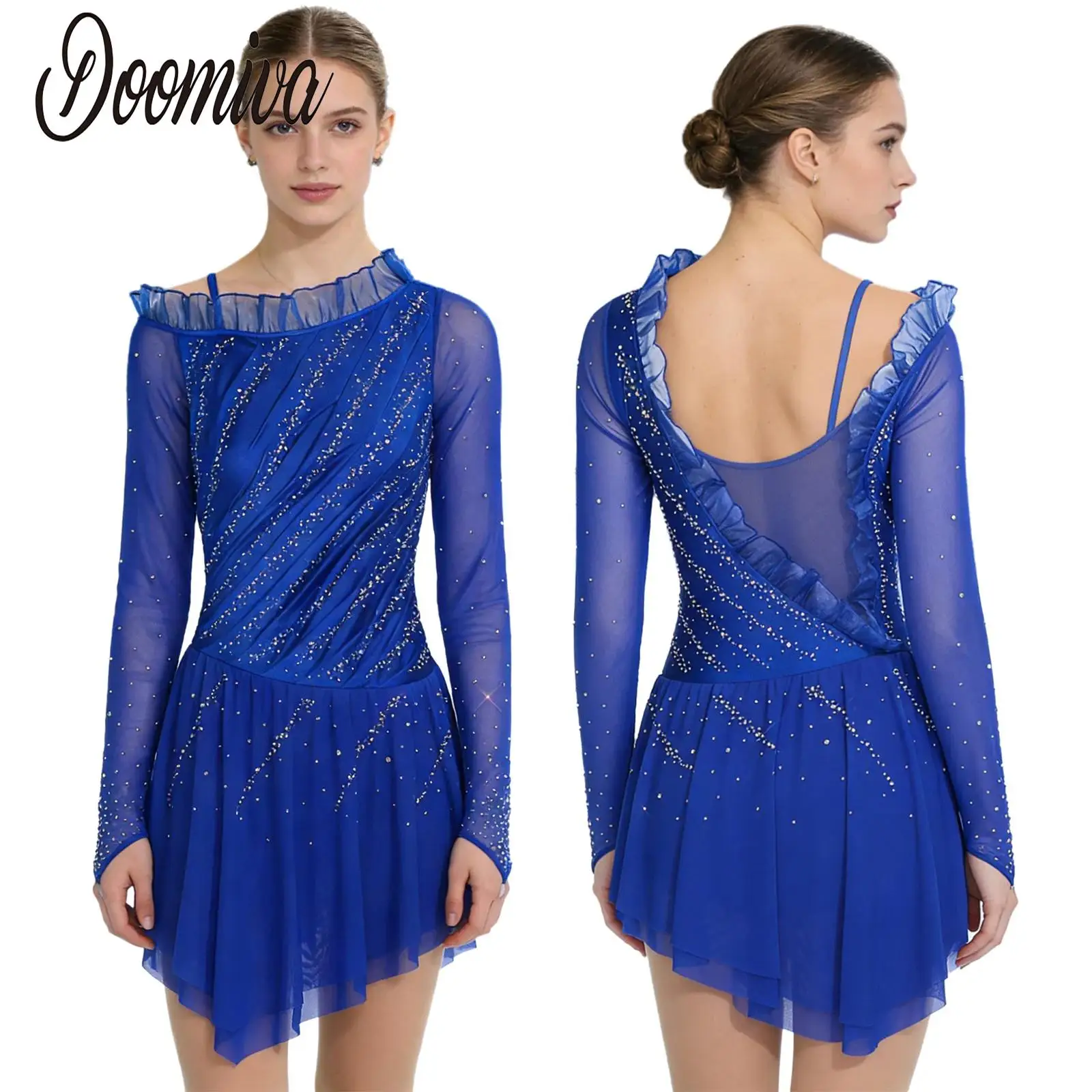 

Women Figure Skating Leotards Dress Lyrical Modern Dance Stage Performance Costume Sheer Mesh Long Sleeve Rhinestones Tutu Dress