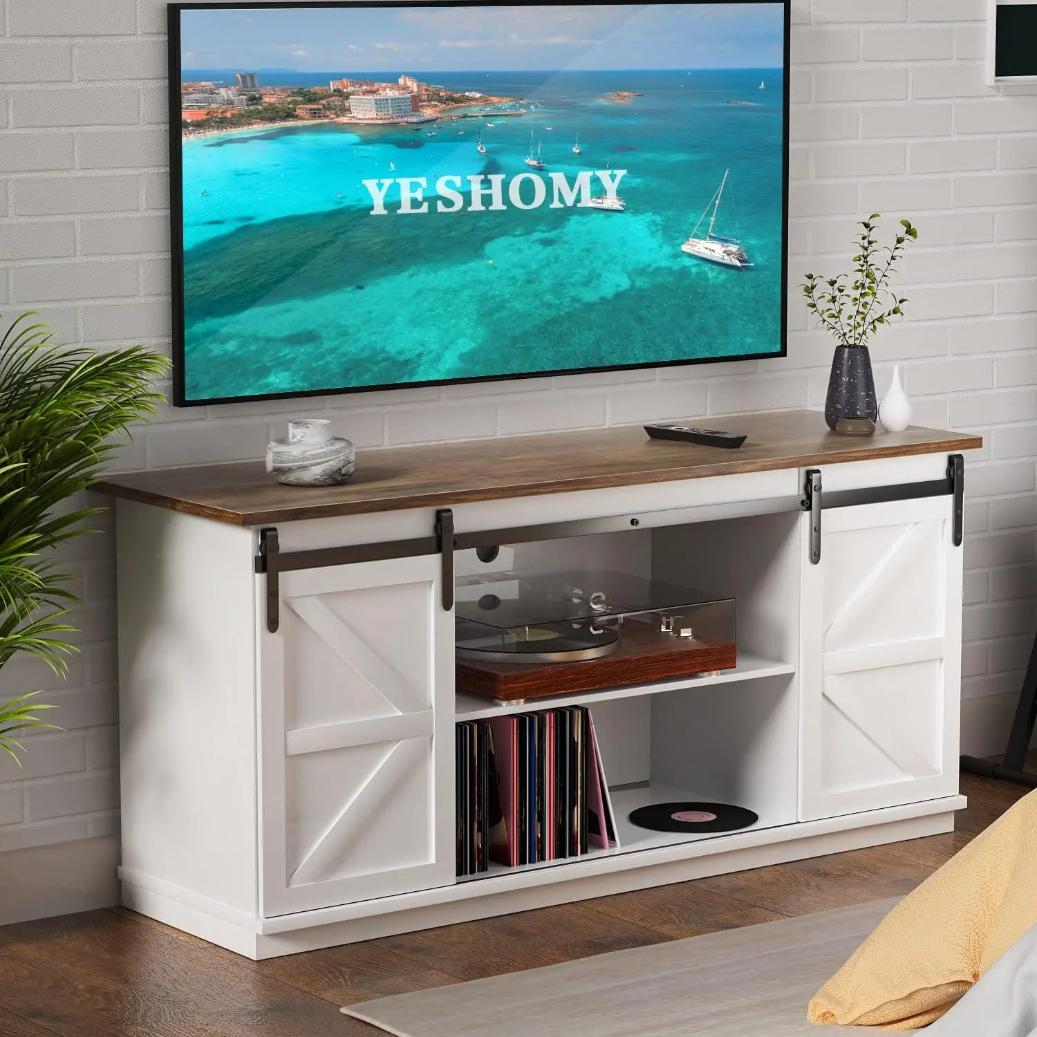 Farmhouse TV Stand and Entertainment Center for Televisions up to 65 Inchs, with Sliding Barn Doors and Storage Cabinets