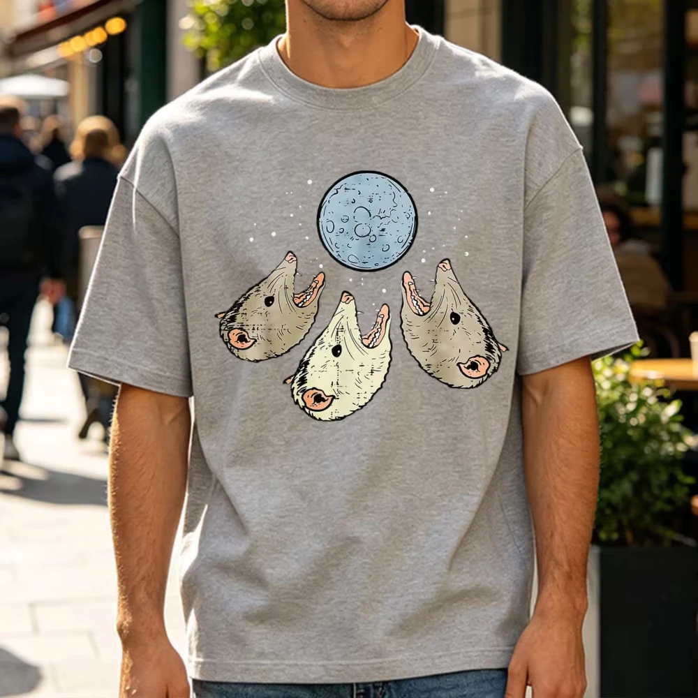 Three Opossums Howling At Moon Funny Possum Meme Graphic T Shirt Unisex Cotton Tee Wildlife Humor Daily Fashion Basic Wear Tops
