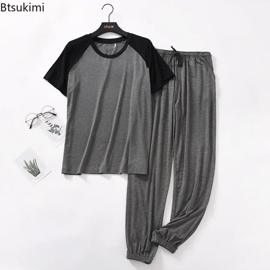 2026 Men's Spring Summer Modal Pajamas Sets Homewear Short Sleeve and Pants Sleepwear Suit Male Loose Patckwork Lounge Nightwear