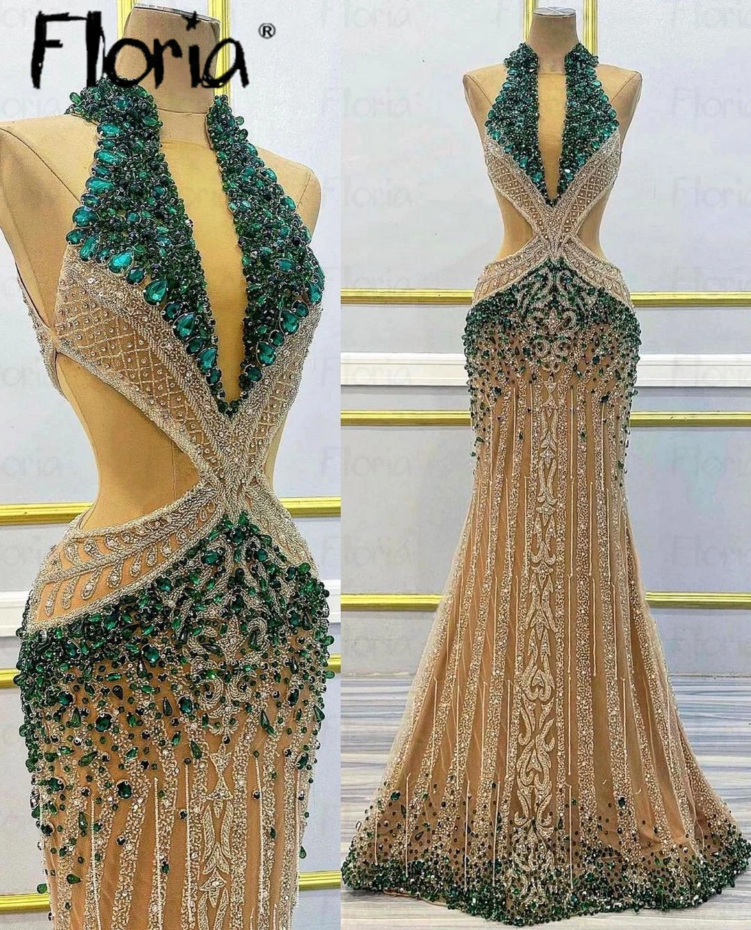 Abito da sera Haute Couture con strass verde smeraldo su misura 2023 Dubai abiti da festa di nozze di lusso abiti da cerimonia