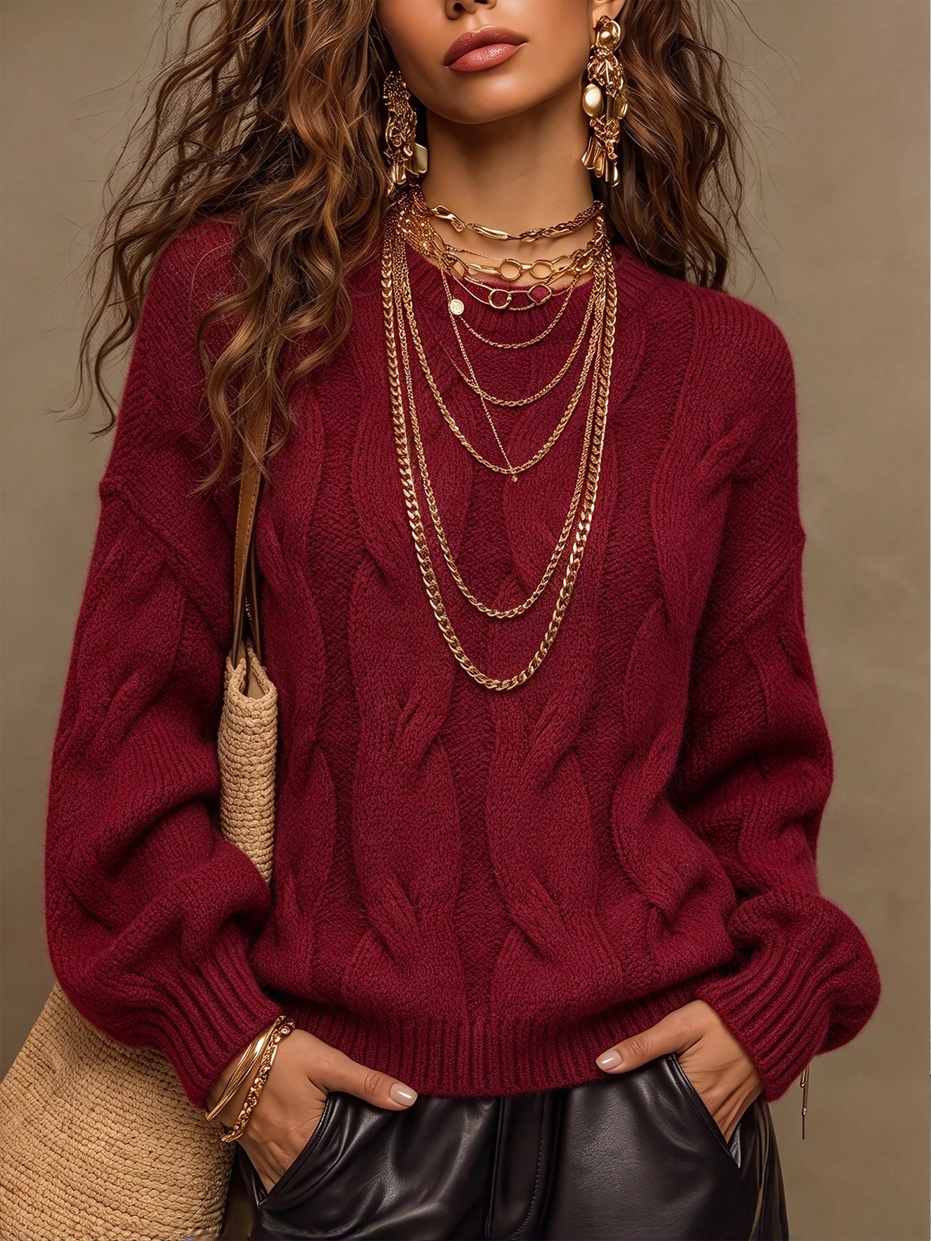 Autumn and Winter Christmas and New Year Burgundy Round-Neck Cable-Knit Sweater, Thick and Soft Pullover Top, Lantern Long Sleeves, Loose Drop-Shoulder Fit, European and American Retro Lazy Style Women's Clothing, Holiday Party Outfit, Versatile for Outerwear and Layering, Casual and Commuter Knitwear