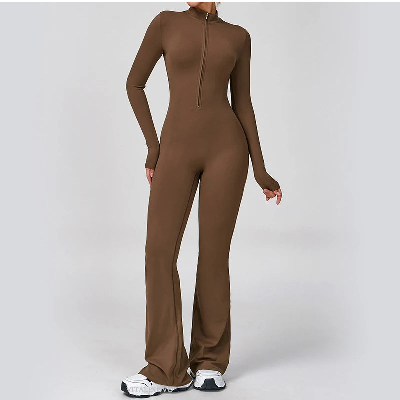 VITALINOVO Damen-Overall mit langen Ärmeln, Flare-Workout-Overall, Reißverschluss, Strampler, Hose, weites Bein, Ganzkörper-Body, figurbetont, einteilig – Detail 24