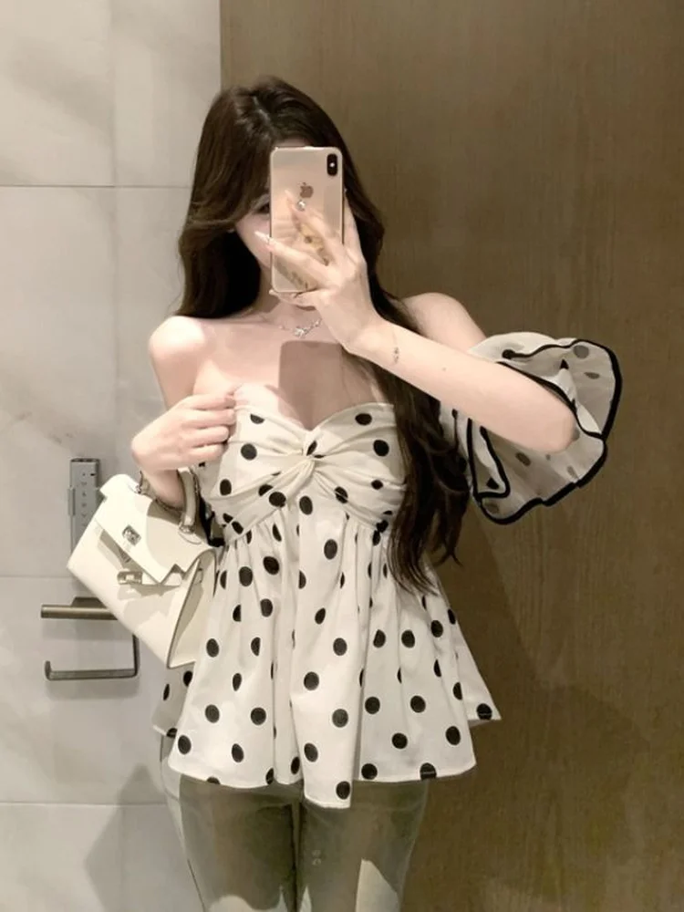 

Stunning Polka Dot One Shoulder Shirt Women's Summer Pure Desire Design Sensation Gauze Elegance Shoulder Exposure Small...