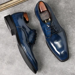 HKDQ Italian Shoes Man Dress Casual Genuine Leather British Oxford Shoes Men Black Brown Blue Wedding Men Lace Up Formal Shoes