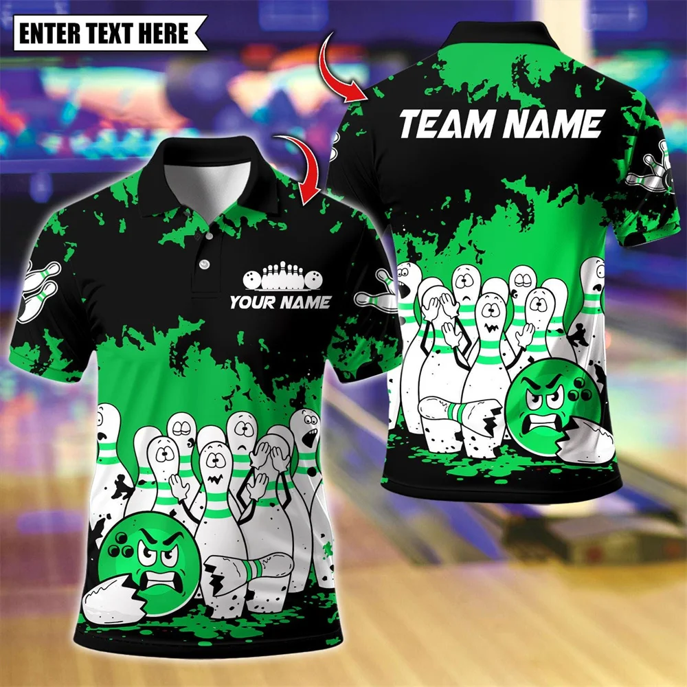 Personalized Men's Polo Shirt Short Sleeve 3D Bowling Ball Pins Print Custom Team Name USA Flag Summer Sports Team Uniform Tops