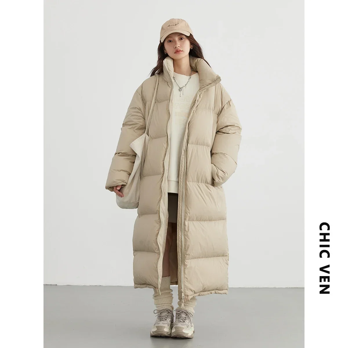 CHIC VEN Women Down Coats New Long Thick Warm Down Jackets Overcoat White Duck Down Loose Casual Jacket Autumn Winter 2023