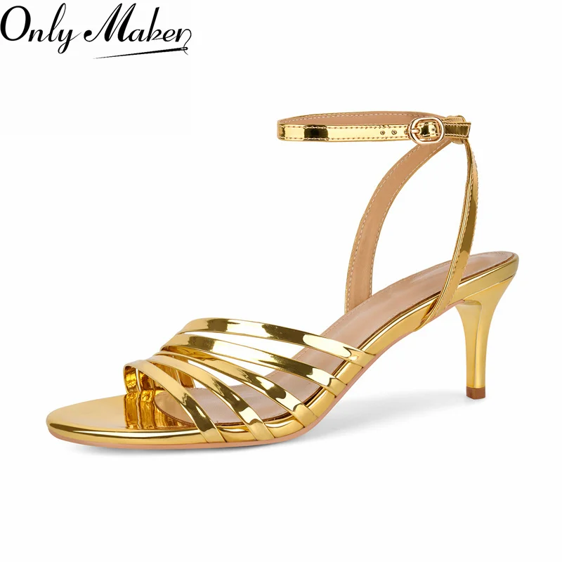 

Onlymaker Women Open Round Toe Ankle Strap Patent Sandals Stiletto Heels Slingback Stretch Slip-on Backless Thin Heels Sandals