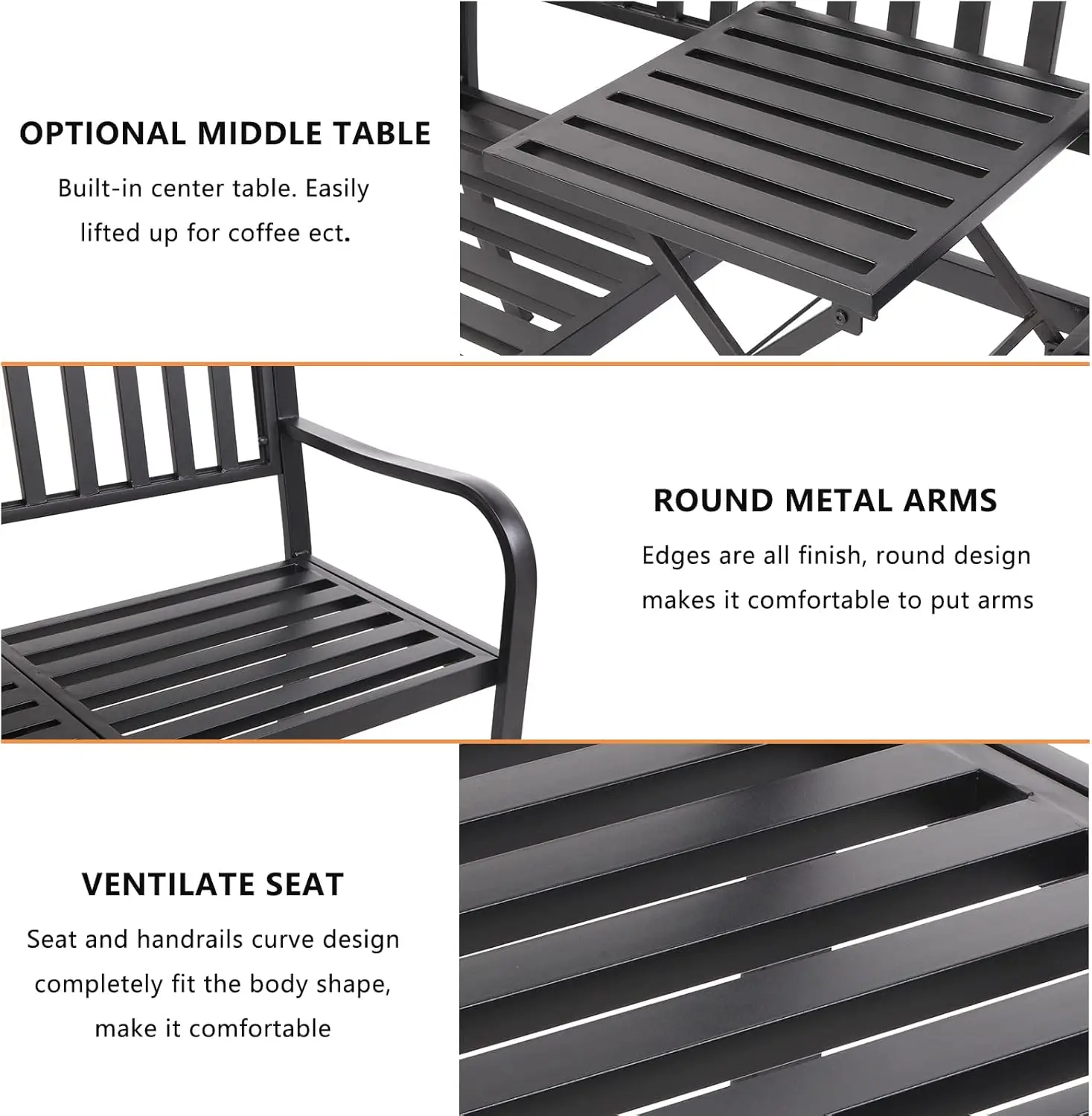 Banc de jardin en métal avec table intégrée, extérieur, météo, porche avant, banc de parc, 59 po