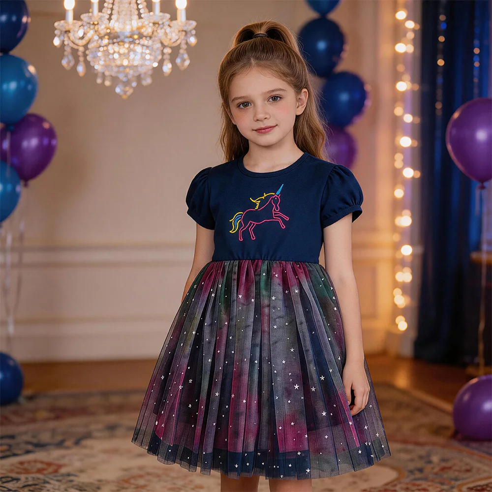 VIKITA Girls Galaxy Star Glitter Gradient Shiny Tulle Party Princess Tutu Dress Unicorn Embroidery Short Sleeve Summer Frocks