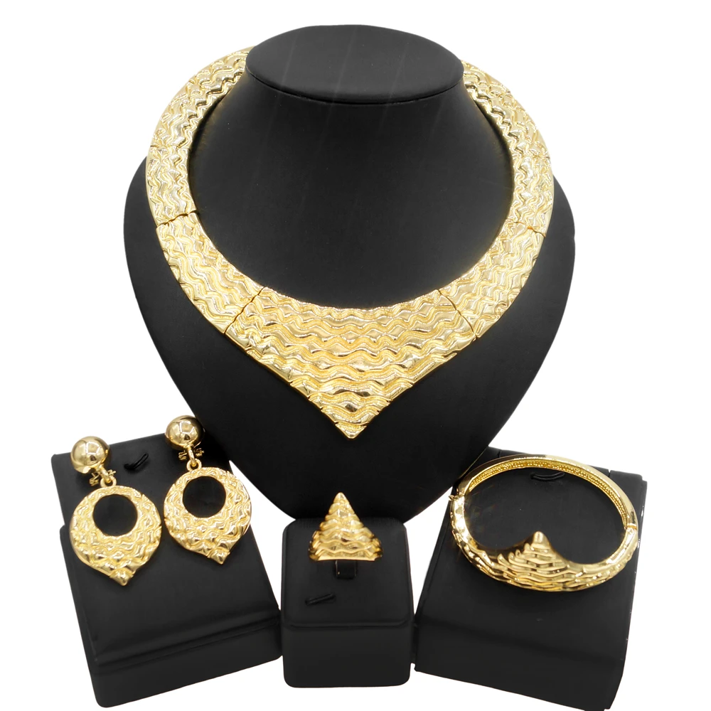 Woman Jewelry Set Italy Dubai Gold Plated Round Necklace Simple Style Earrings Bracelet Women Gift Bijoux