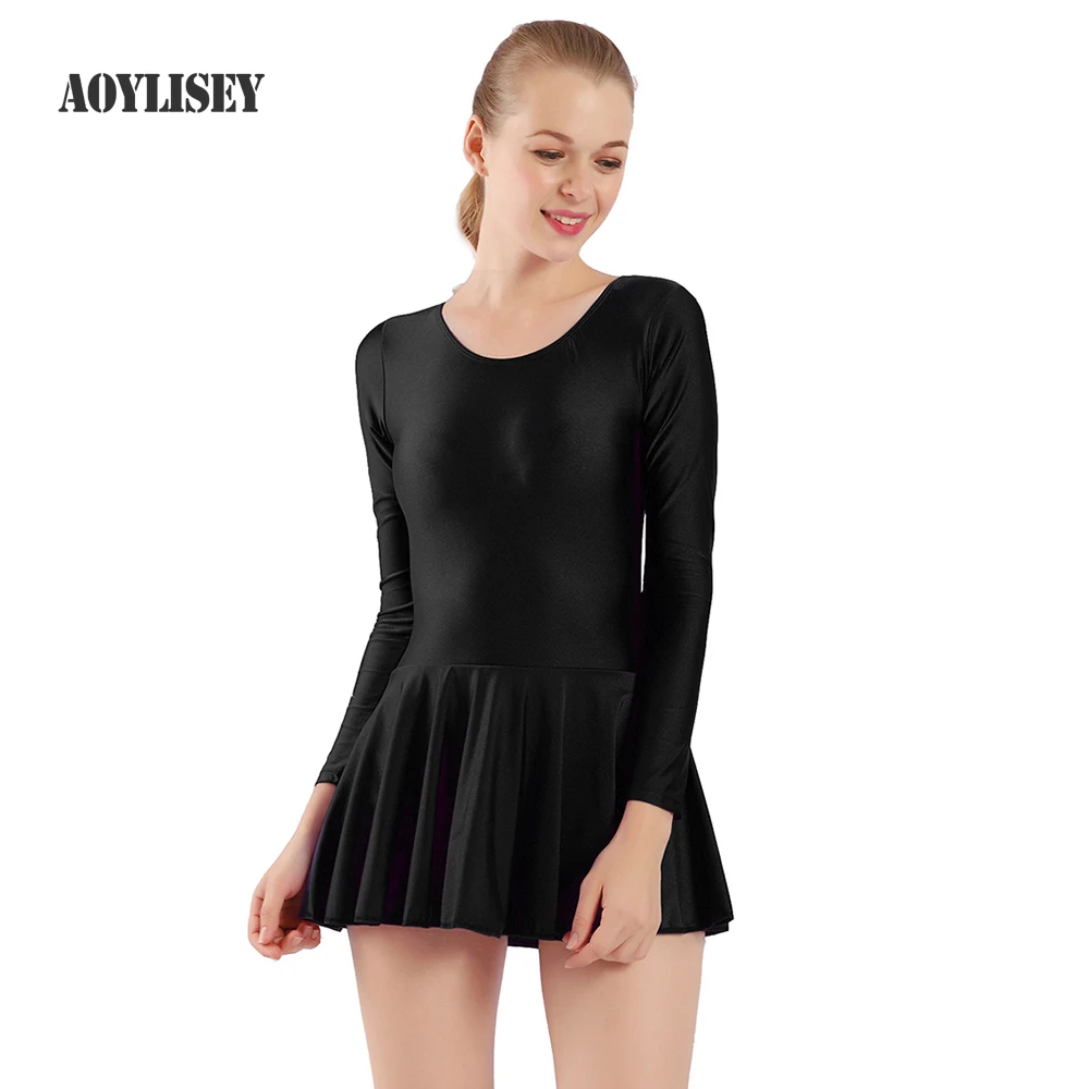 

Women's Glossy Long Sleeve Ruffled Leotard Dress Solid Color round Neck for Ballet Swimming Dance Training Sports
