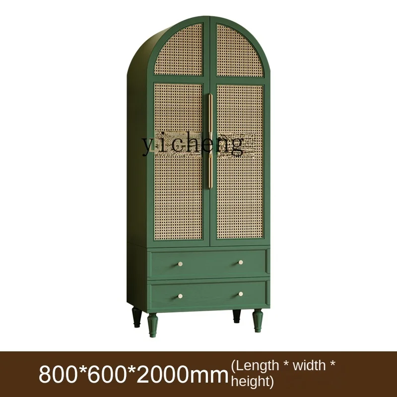 

Zc Vintage Green Rattan Wardrobe Bedroom Arch Cabinet Double Door Hanging Wardrobe