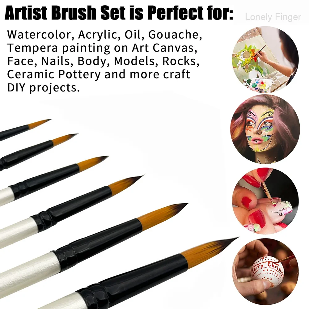 مجموعة 6 قطع من فرش الطلاء الفنية، فرش صناعية مستديرة للألوان المائية والأكريليك والغواش والرسم الزيتي والحرف اليدوية - جودة احترافية