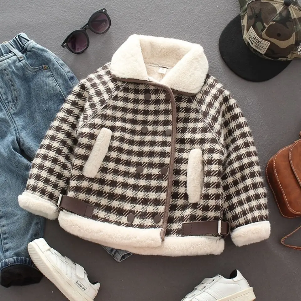 

2-12 Years Children Girls Laml Wool Stitching Coat Warm Autumn Girls Velvet Jackets Winter Warm Kids Clothing Outfits W44