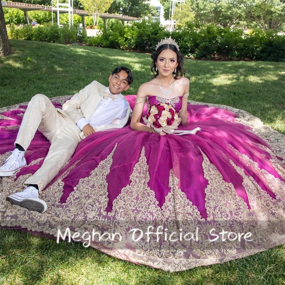 Meksiko Fuchsia Off bahu Quinceanera gaun 2025 manik gaun pesta ulang tahun gaun Applique wisuda gaun jubah disesuaikan