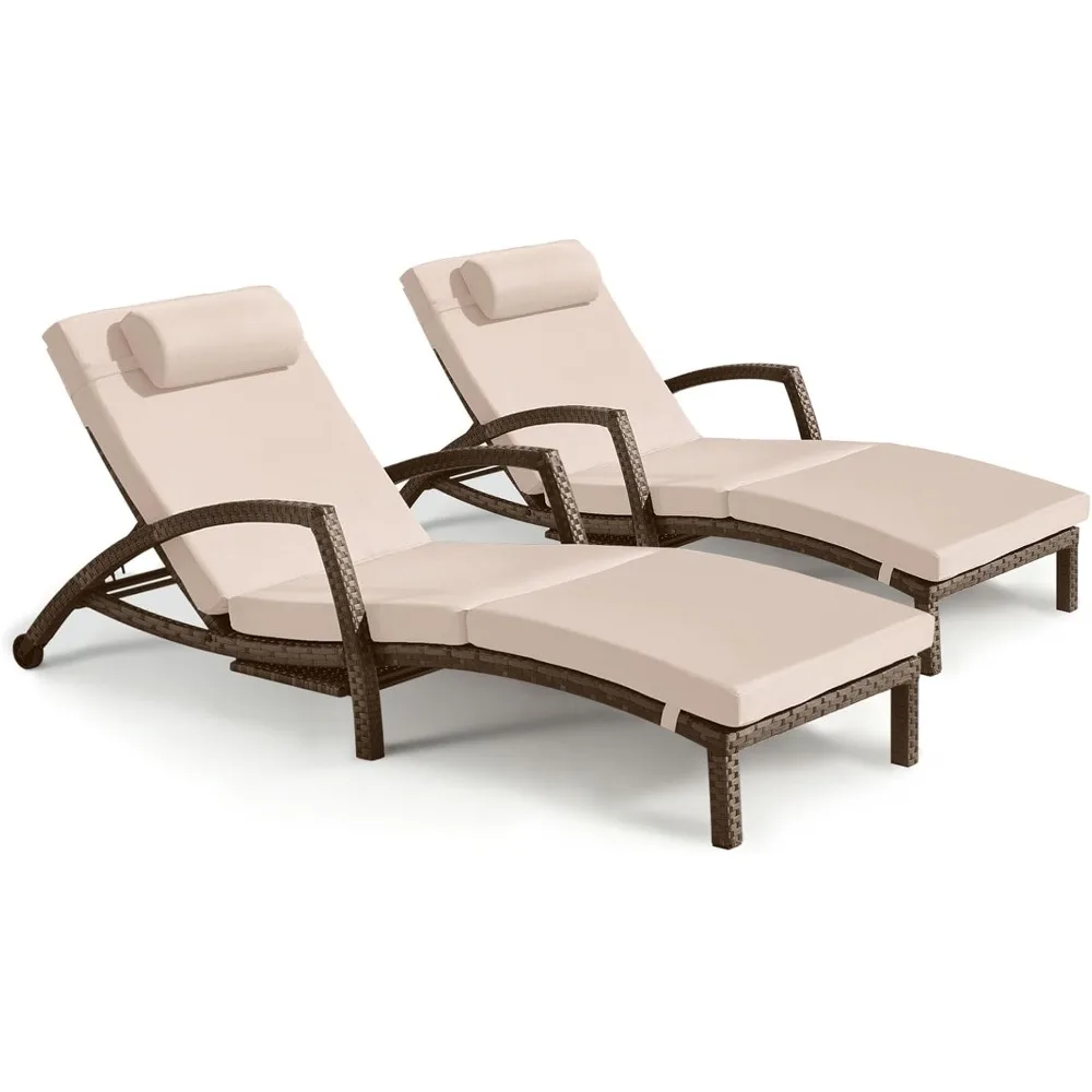 Chaise Lounge Chairs Outdoor Set of 2, Comfy Outside Wicker Patio Pool Lounge Chair w/ 5 Adjustable Back Angle, Cup Holder, Thic