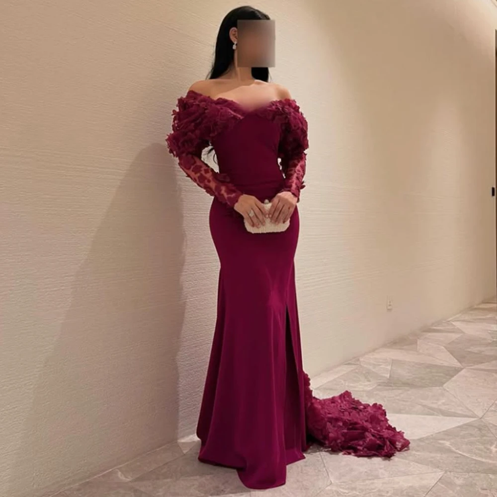 

Customized Elegant Off the Shoulder Flower Appliques Mermaid Evening Dresses Full Sleeves Sweep Train Jersey Pageant Prom Gowns