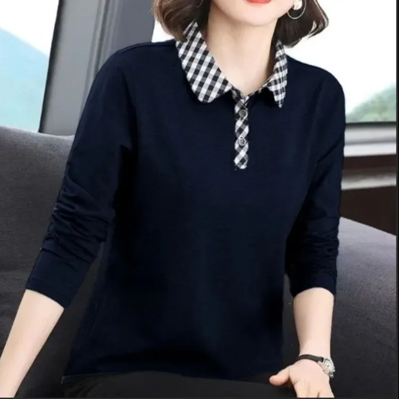 Spring Autumn Winter Pure Cotton Long Sleeve T-shirt Women\'s Loose Large Polo Collar Plaid Bottom Shirt Button Pullover Tops