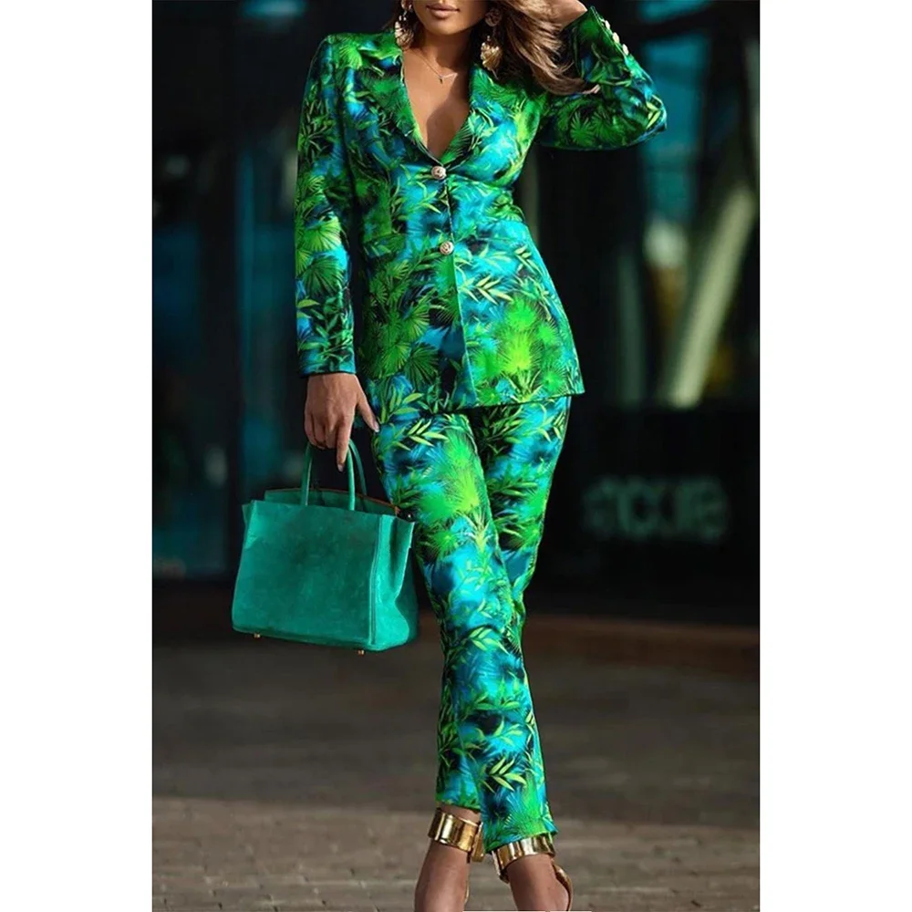 

Plus Size Business Casual Pant Set Green Print Lapel Long Sleeve Blazer Suit Two Piece Pant Set