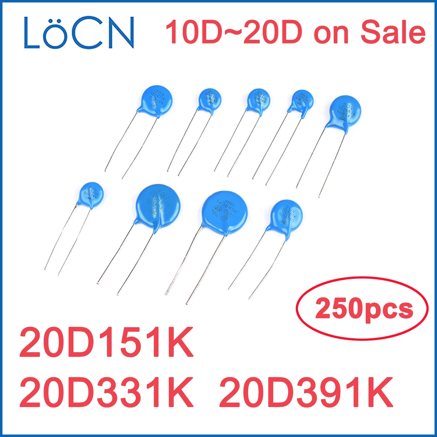 

250 шт. варистор 20D 20D151K 20D331K 20D391K 20 мм 150 В 330 В 390 В 151 331 391 VDR Mass Lot LoCNService 10D 14D