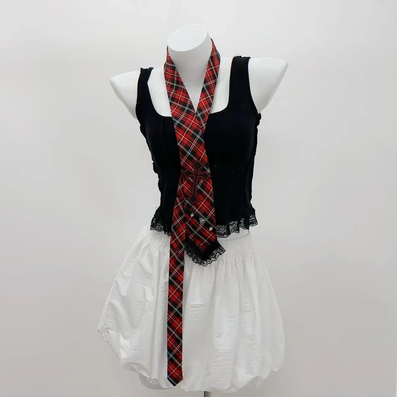 Y2K Cotton JK Necktie Simple Plaid Neckwear Red Black Plaid  Neck Ties  Lolita JK Scarf Dress Up Accessories
