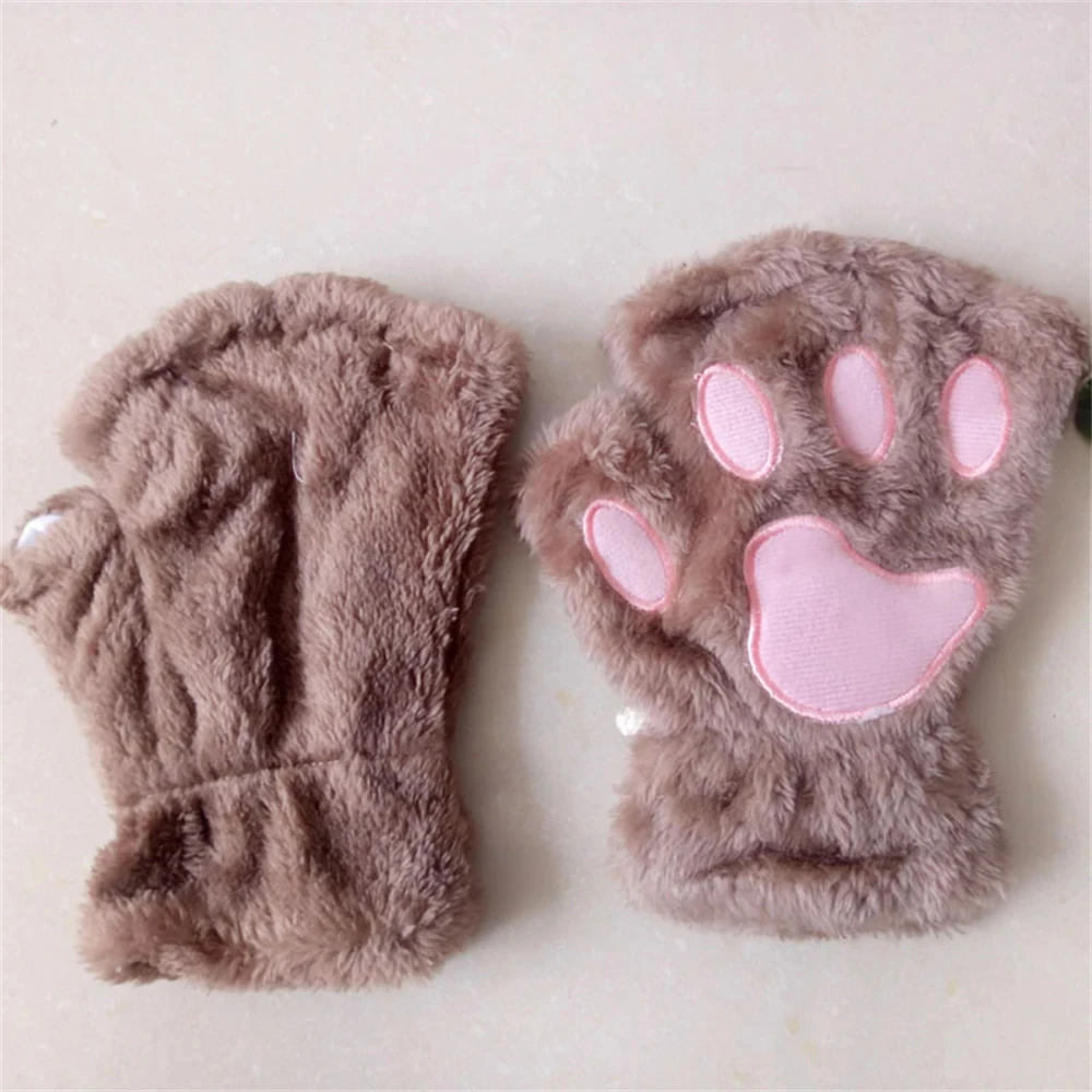 Cute Fluffy Cat Paw Claw Fingerless Gloves Plush Fingerless Panda Mittens Warm Soft Half Finger Women Winter Wear Christmas Gift