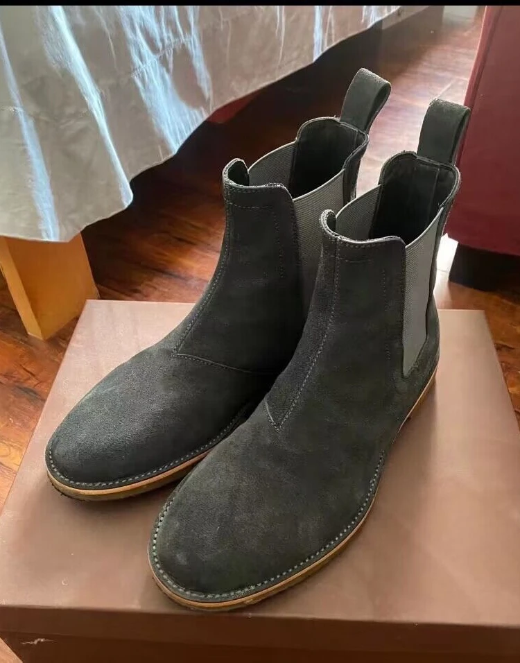 Frosted Leather Elastic Chelsea Boots for Men Round Toe Sewing Ankle Boots High Quality Black Brown Casual All Match Men's Shoes