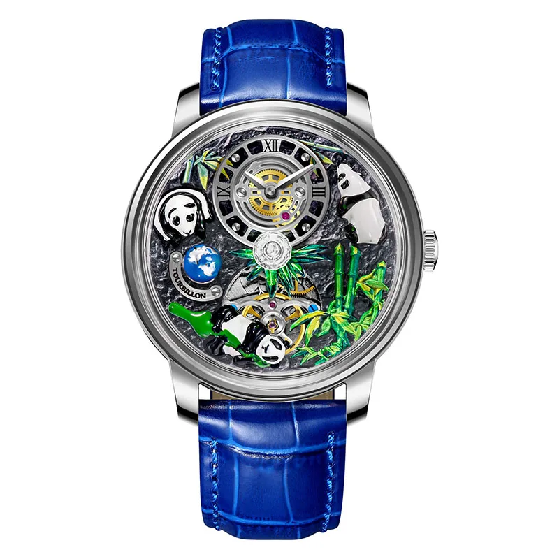 PINDU Men Automatic Watch 42.5mm Mechanical Wristwatch Vintage 50M Waterproof 3D Panda Dial Butterfly Clasp