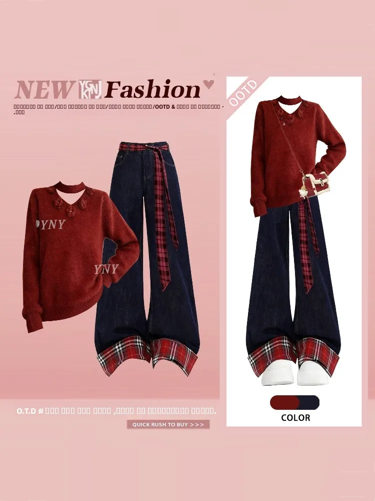 

Ретро-красный комплект из двух предметов: вязаный свитер с 3D-цветами и джинсовые брюки для женщин, коллекция «Зимняя атмосфера» к Новому году...