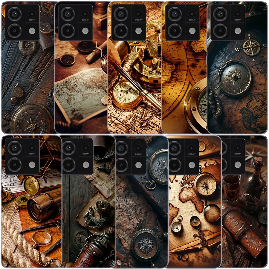 Ancient Maps Retro Compasses And Telescopes Clear Phone Case For Xiaomi Redmi Note 11 11S 11T 11E 10 10S 9 9S 9T 8 8T Pro 7 K70