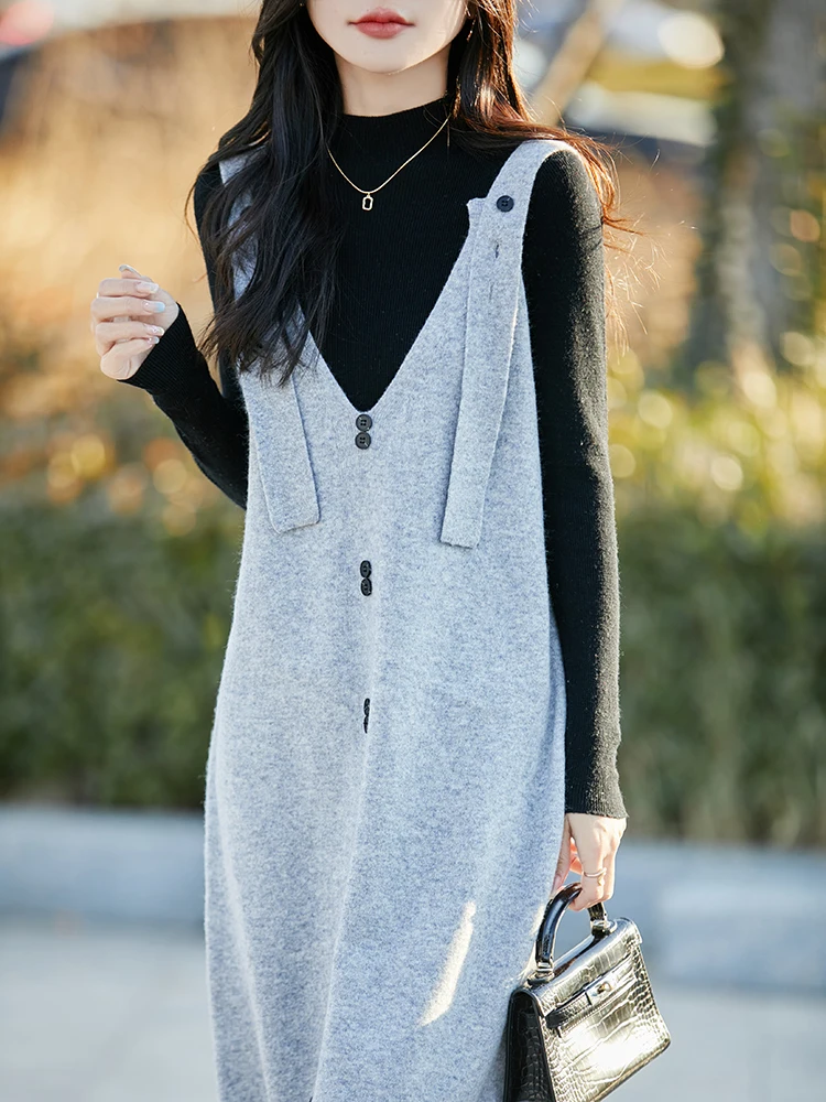 

Женское шерстяное платье-свитер на весну, осень, зиму, с V-образным вырезом, однотонное, мягкое, пуловер, 100% мериносовая шерсть, вязаное изделие, популярная корейская одежда, топы