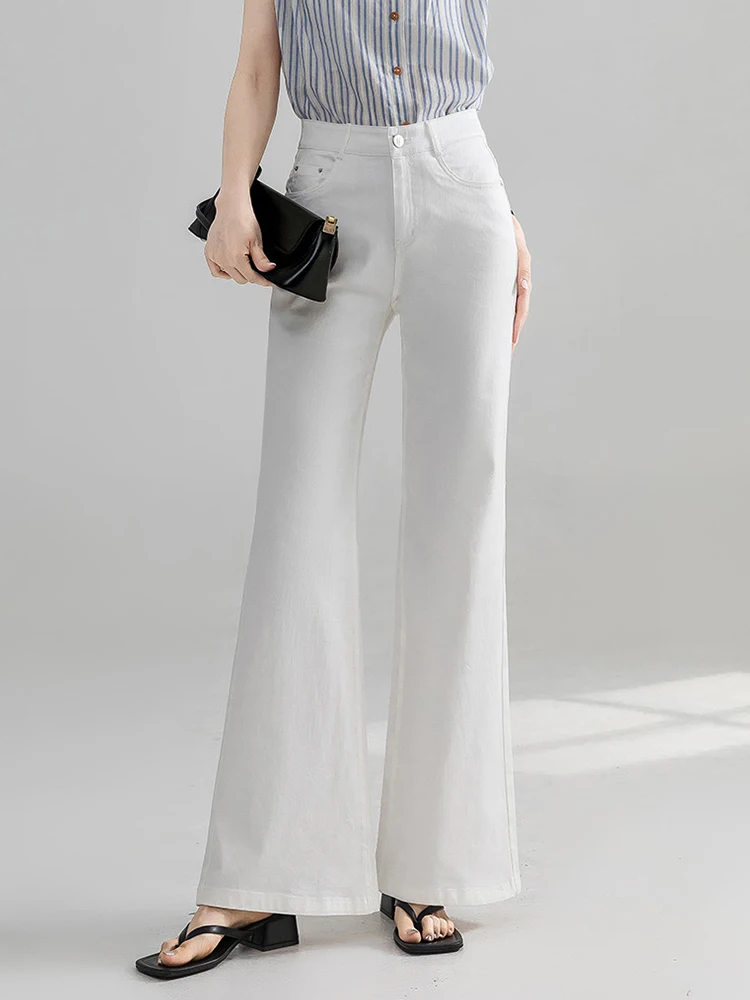 Roupas femininas retro casual branco jeans cintura alta calça longa elegante senhora denim flares calças mujer moda commute novo