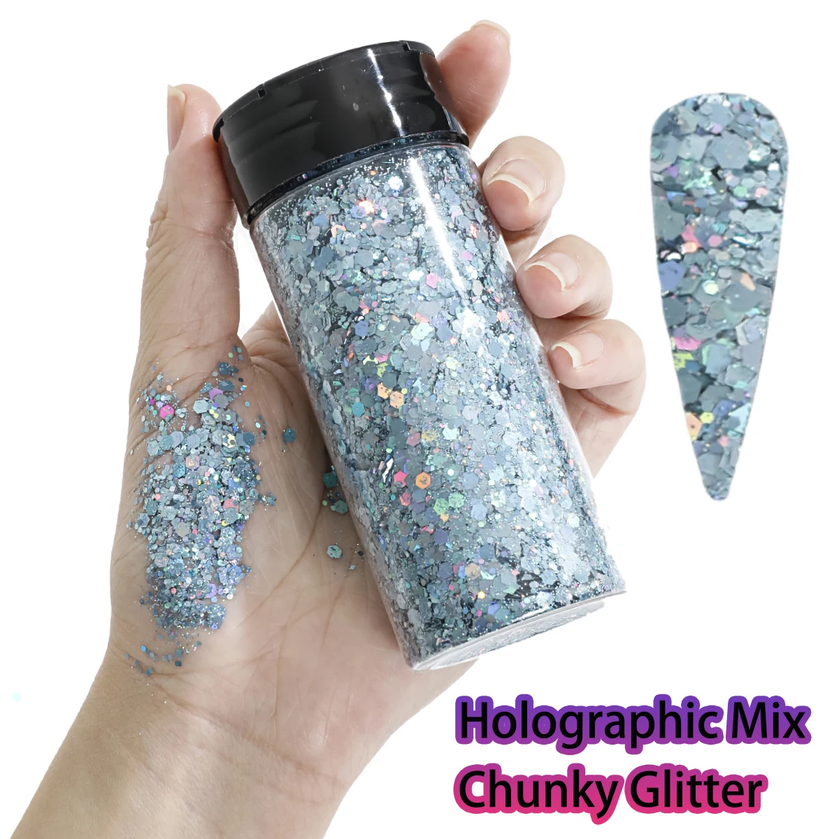 1 Flasche holografischer klobiger Glitzer, 80 g, Bastel-Glitzerpulver, gemischte, klobige, feine, schillernde Nagel-Pailletten für Nägel, Festival-Dekoration – Detail 4