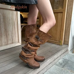 Sewing Denim Round Toe Women Boots Belt Buckle Platform Knee High Pleated Boots Solid Slip On Fashion Casual Comfortable Boots