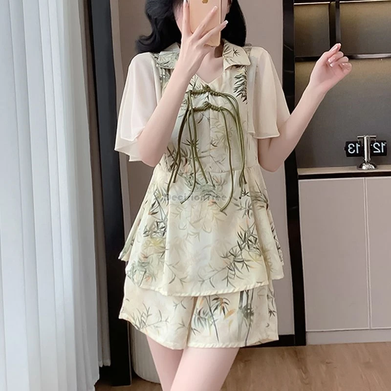 

2025 fashion casual summer new chinese-style printed chiffon short sleeve shirt and shorts two-piece set women elegant loose set