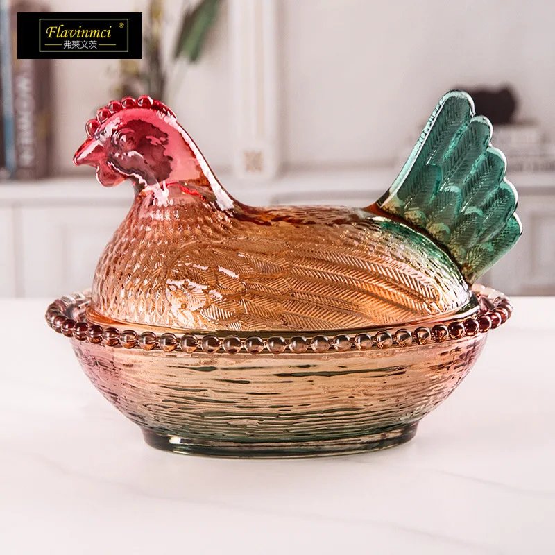 Flavinmci Crystal Glass Glazed Chicken Storage Jar Crystal Glass Candy Box Glazed Sugar Bowl Sucrier Snack Jar