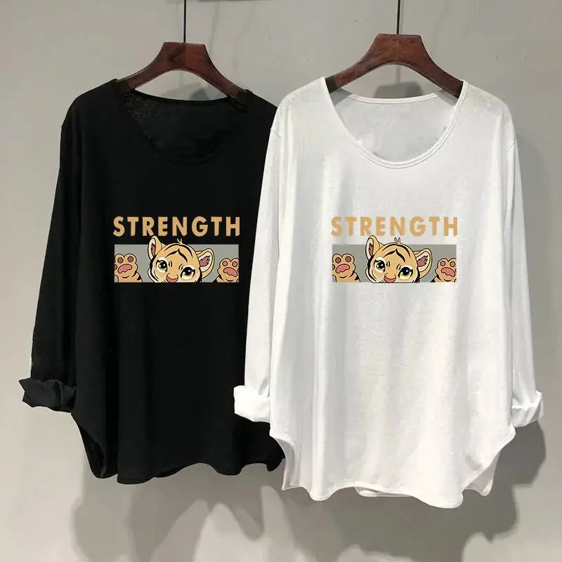 

Модная осенняя женская футболка с длинными рукавами, свободный повседневный универсальный топ средней длины с круглым вырезом и изогнутым краем с принтом