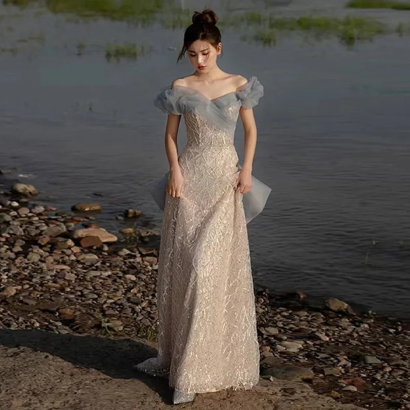 Vestido de noche con hombros descubiertos para ocasiones formales de fiesta, banquete para mujer, lentejuelas de alto sentido, tostada de nicho asequible