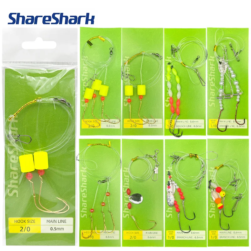 ShareShark 3 Stück/Beutel Vorgefertigte Fertiggebundene Schnurvorfächer mit Kreishaken, Schwimmern, Wirbeln und Perlen, Grundangel-Set für Brandungsangeln
