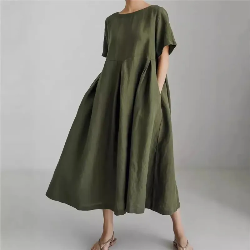 Women's Boho Dress 2025 New Women's Loose O-neck Fashion Large-size Solid Short-sleeved Casual Midi Dresses For Women Vestidos