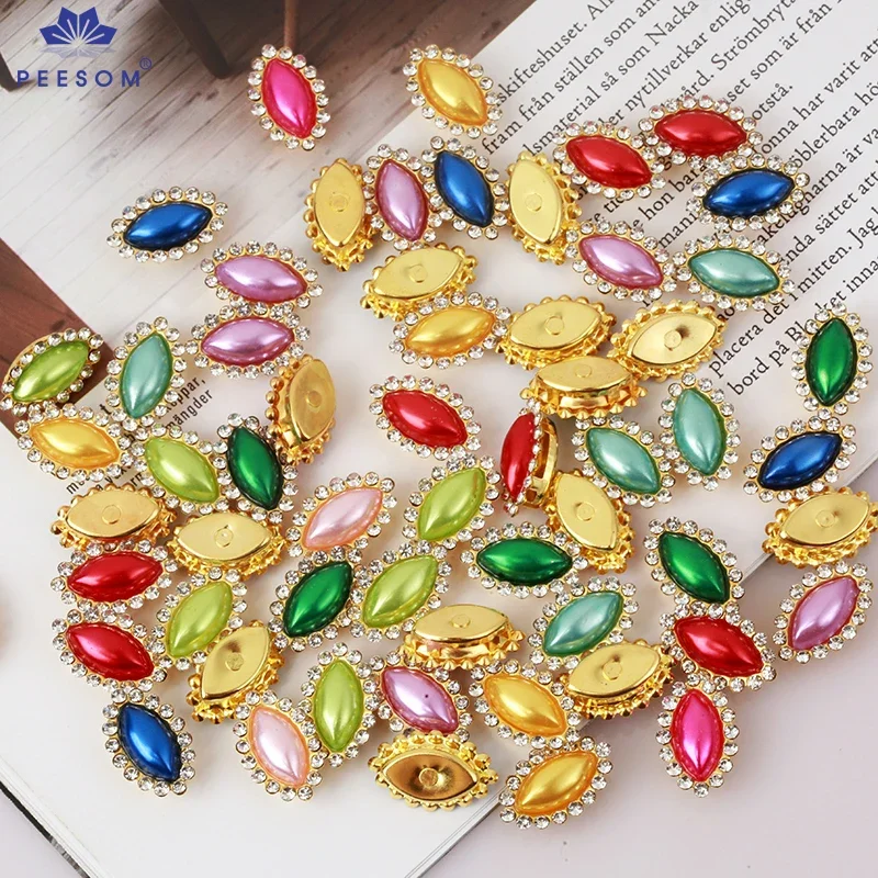 PEESOM 20pcs Crystal Horse eye Stone with Gold Claw Setting Sew On Marquise Stone Fancy Glass Pearl Rhinestone DIY Sewing Craft